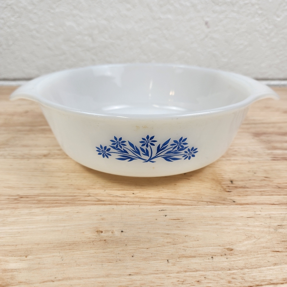 Vintage Fire King Casserole Dish  436 Round Anchor Hocking Blue Floral 1 Qt
